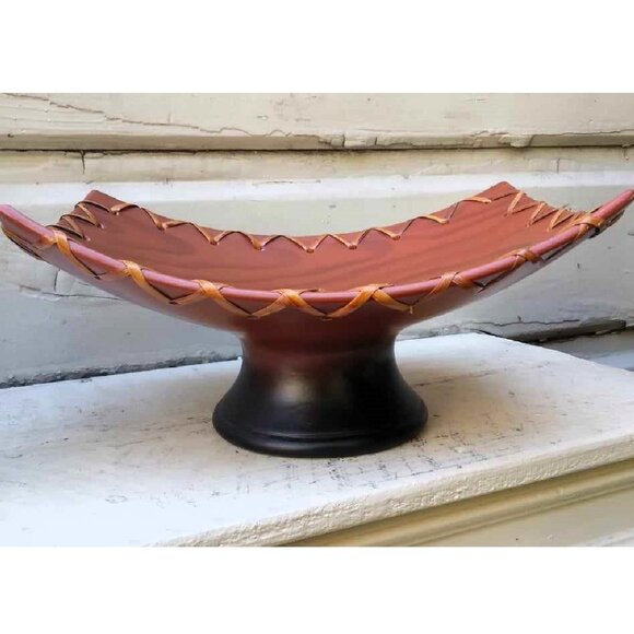 Ceramic Square Shape Bowl With wood grain look and Sewn Woven Rattan Rim